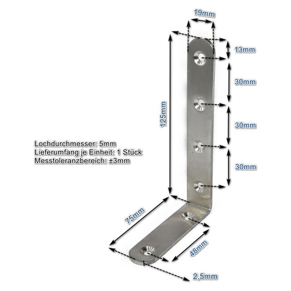 Winkelverbinder aus Metall mit Maßangaben 125 mal 75 mal 19 mal 2,5 Millimeter und 5 Millimeter Lochdurchmesser