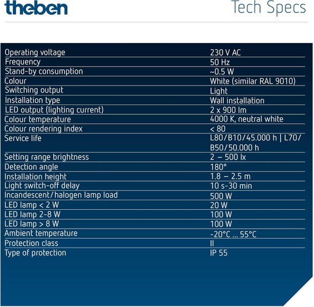 Theben 1020803 theLeda S17-100 BK LED-Strahler I integrierter Bewegungsmelder I schwarz I 17 W I Wandmontage I Lichtfarbe 4000 K I Erfassungswinkel 180° I 10 m Reichweite I schwenkbar