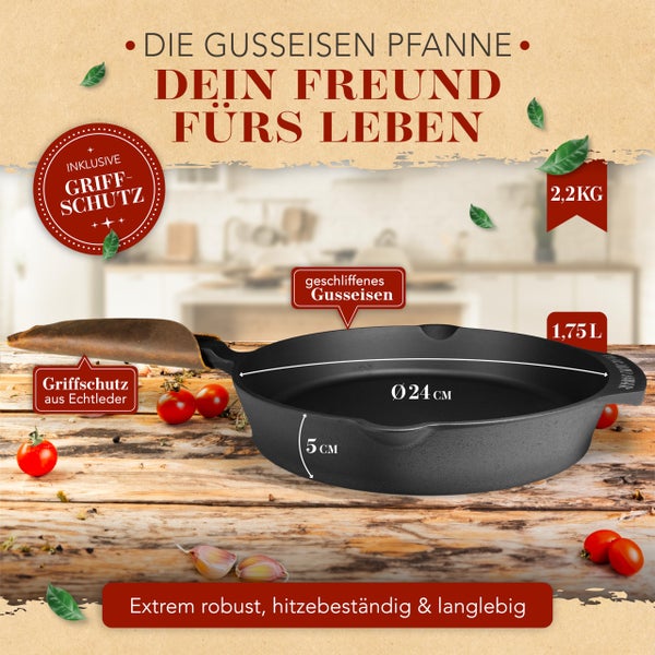 KRUSTENZAUBER 24cm Gusseisenpfanne Induktion - Fein Geschliffene Gusseisen Pfanne - Ideale Grillpfanne Induktion, Eisenpfanne, Cast Iron Pan, Bratpfanne, Gusseiserne Pfanne Skillet Gusspfann