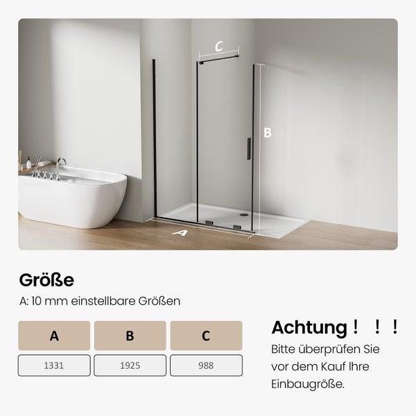 EMKE Walk-In Dusche 120x195 cm, ESG-Sicherheitsglas 8 mm, Nano-Beschichtung, schwarzer Rahmen, Ecklösung für Bad