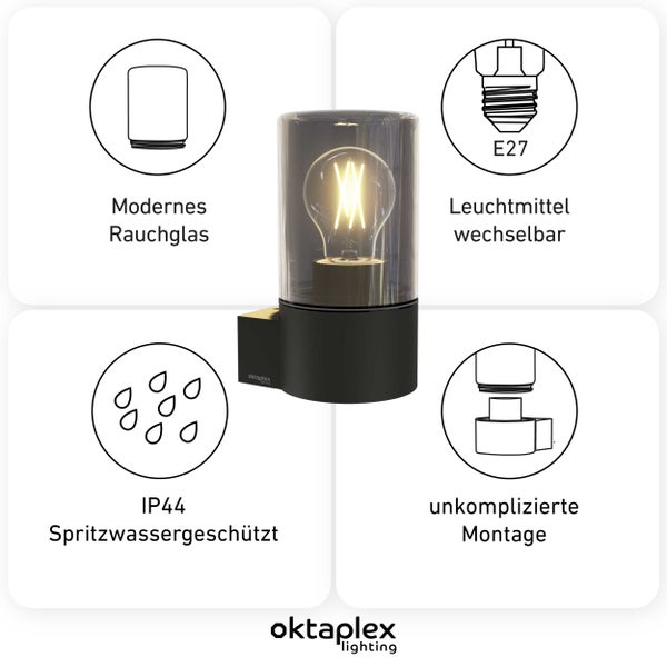 Puno Aluminium Außenlampe IP44 E27 Fassung Wandleuchte außen rauchglas anthrazit modern Wandlampe wetterfest Außenleuchte