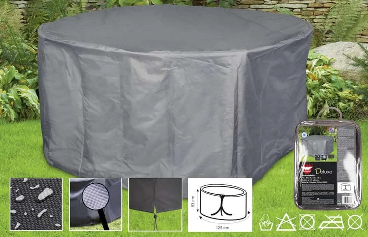 Runde Schutzhülle für Gartentische aus Polyester in der Größe 125 mal 83 Zentimeter mit Befestigungssystem für Wetterschutz im Garten.