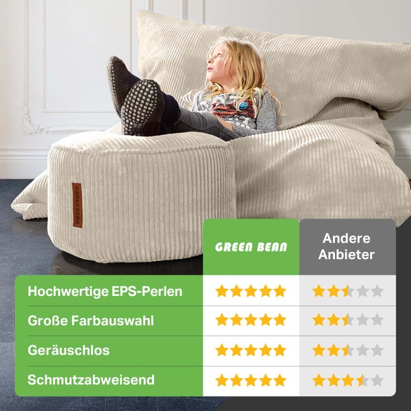 Kind entspannt auf einem beigen Sitzsack und Hocker von Green Bean, Vergleichstabelle zu Produkteigenschaften