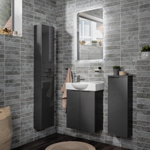 Fackelmann LUNA Gäste-WC Set 2 Teile – Waschtischunterschrank in Anthrazit mit Waschbecken aus Keramik – SBC Waschbeckenunterschrank schmal – 2 Türen – Hahnloch links – 55 cm breit