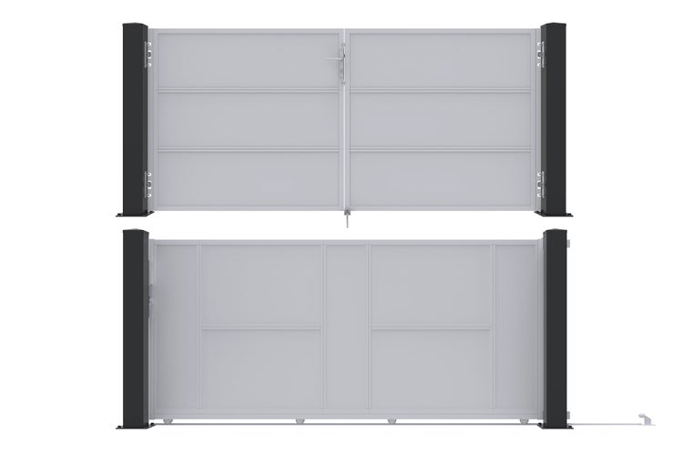Zweiflügeliges Einfahrtstor und Schiebetor aus Aluminium mit schwarzen Pfosten im modernen Design.
