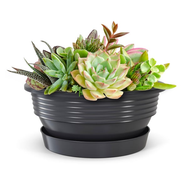 Plastard Pflanzschale 3er-Set in Anthrazit Ø 45 x 16 cm mit Untersetzer – wetterfest, frostbeständig, ideal für Garten, Balkon & Küche