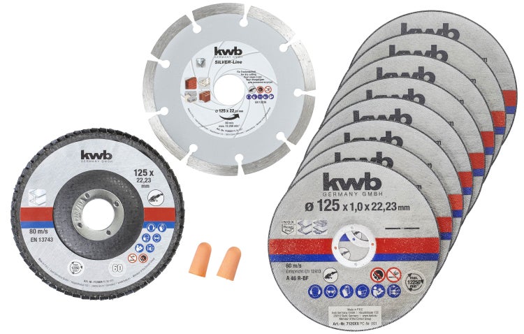 kwb Dünn-Trennscheiben + Diamant-und Schleifscheibe Ø 125 mm für Winkelschleifer, Trenn-Scheibe f. Edel-Stahl INOX in Aufbewahrungs-Dose inkl. Ohrstöpsel ABM. 125 x 1 x 22,23 , 10 Stück (1er Pack)