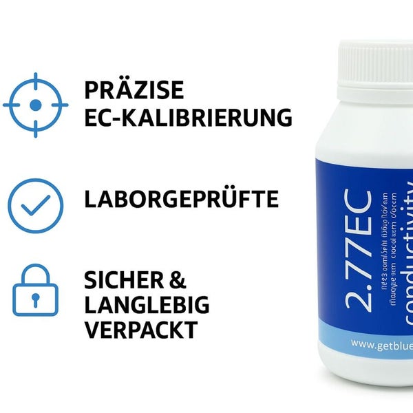 Eine Flasche Kalibrierlösung mit der Aufschrift: Präzise EC-Kalibrierung, Laborgeprüfte Qualität und sichere, langlebige Verpackung