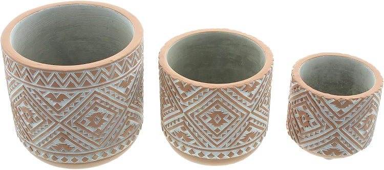 Dekoleidenschaft 3x Blumentopf Terra aus Zement in Terracotta Optik / weiß, Übertopf Set, Pflanztopf, Pflanzgefäß