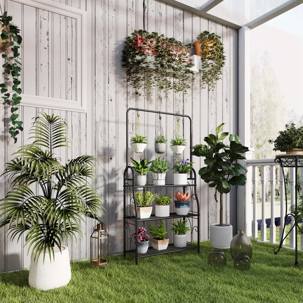 Outsunny 3-Etagen Pflanzenständer mit Hängestange, Haken, Blumenständer für Innen, Pflanzenregal aus Metall, mehrstöckig Blumenregal, 137cm hoch Blumentreppe für Wohnzimmer, Garten Balkon, Schwarz