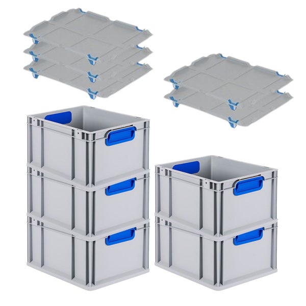 PROREGAL Spar Set 5x Eurobox Nextgen Color Mit Auflagedeckel & Schiebeschnappverschlüsse HxBxT 22 x 30 x 40 cm Griffe Blau Geschlossen Glatter Boden