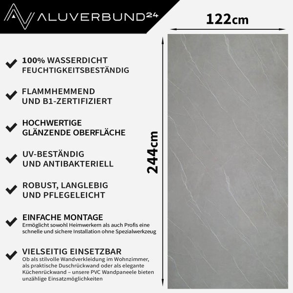 Aluverbund24 Logo, 244 cm mal 122 cm große Paneele mit Eigenschaften wie Wasserdichtigkeit, Feuchtigkeitsbeständigkeit, Flammschutz und UV-Beständigkeit.