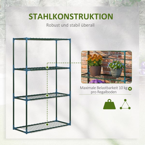 Vierstöckiges Regal aus Stahlkonstruktion mit Gitterböden und einer maximalen Tragkraft von 10 Kilogramm pro Boden.