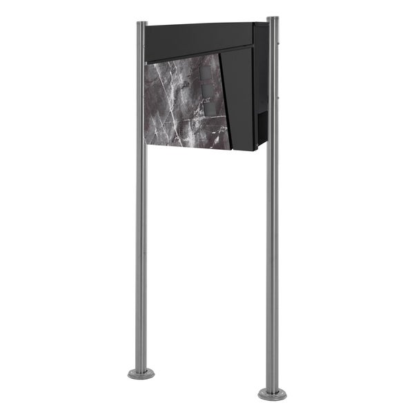 ECD Germany Standbriefkasten mit Zeitungsfach, Design Briefkasten mit Pfosten, Briefkastenanlage, Briefkastenständer Silber metallic 120 cm aus Edelstahl, Postkasten Anthrazit-Marmoroptik aus Stahl