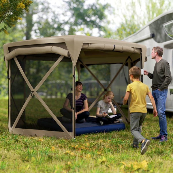 Outsunny Pavillon sechseckig ca. 3,5x3m Pop-up Faltpavillon mit abnehmbaren Dach UV 30+ Faltbar Wasserdicht Partyzelt Gartenzelt mit 5 Seitenteilen Gartenpavillon für Camping Garten Festival, Khaki