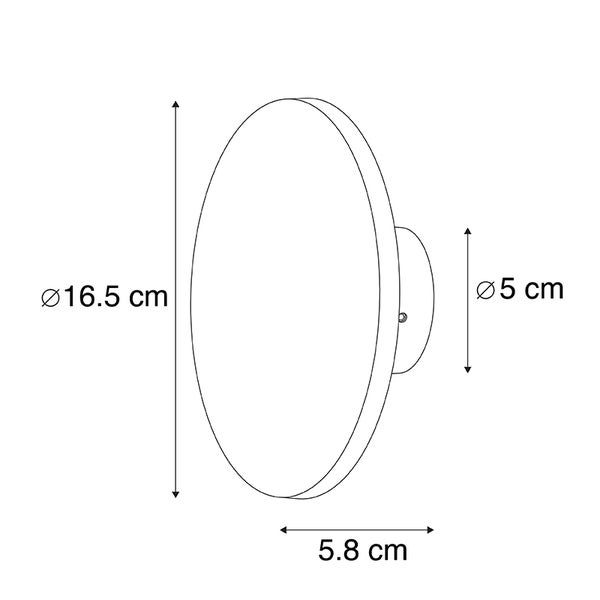 Maßskizze einer runden Leuchte mit einem Durchmesser von 16,5 Zentimetern, einer Tiefe von 5,8 Zentimetern und einem Sockel von 5 Zentimetern.