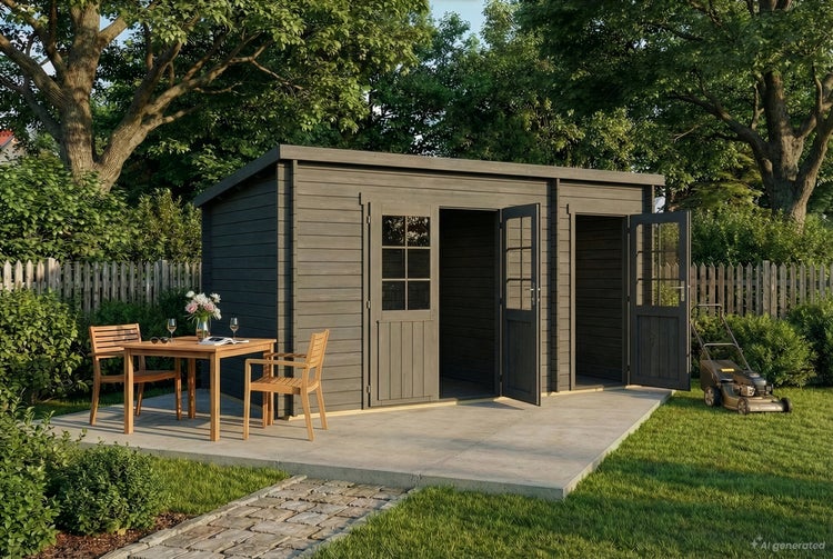 Modernes Gartenhaus aus Holz mit Pultdach und Doppeltüren auf einer Terrasse stehend, umgeben von einem Garten mit Sitzgruppe.