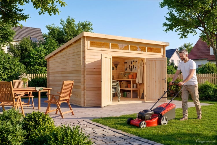 Gartenhaus aus Holz mit Pultdach und weit geöffneten Doppeltüren, daneben ein Mann, der den Rasen mäht, im sonnigen Garten.