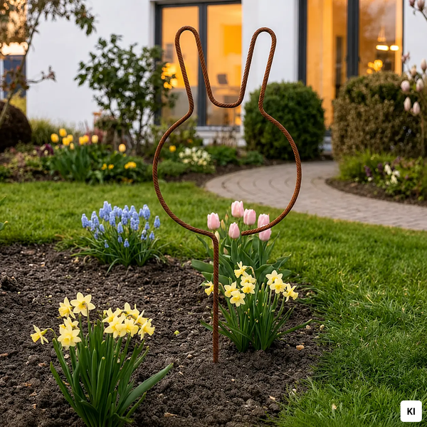 Gartenstecker aus Metall in Rostoptik in Form eines Hasenkopfes, platziert in einem bepflanzten Gartenbeet.