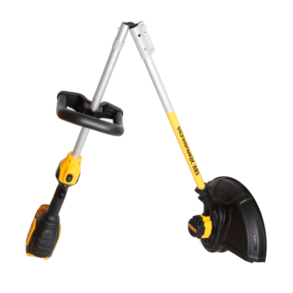 DeWalt Akku-Rasentrimmer 18 Volt bürstenlos, zusammengeklappt, mit Rundumgriff und Schutzhaube.