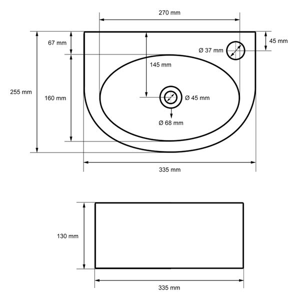 ECD Germany Waschbecken Keramik Weiß 355x255x130 mm, Hahnloch rechts, inkl. Ablaufgarnitur, Abgerundete Aufsatzbecken Aufsatzwaschbecken Aufsatzwaschtisch Badezimmer Waschtisch Waschschale Waschplatz