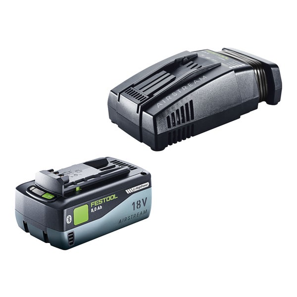 Festool 18 Volt Akku-Set bestehend aus einem 8,0 Amperestunden Li-HighPower Bluetooth Akkupack und einem SCA 16 Airstream Schnellladegerät.