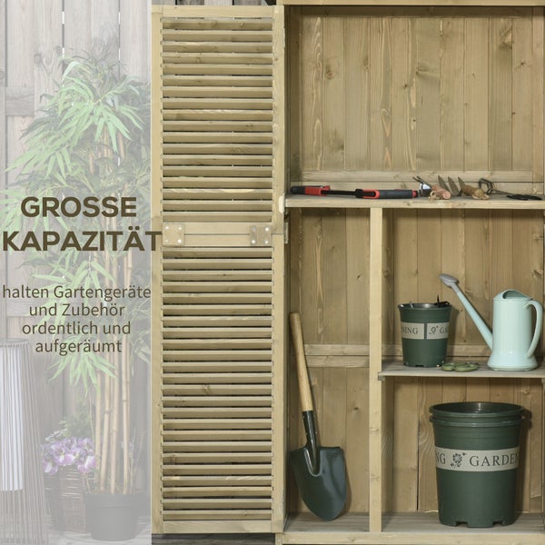 Outsunny Gartenschrank Holz Geräteschuppen Gerätehaus mit Asphaltdach Lamellentür Geräteschrank Schuppen Garten 4 Fächer Grau 87 x 46,5 x 160 cm
