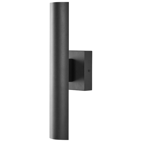Zylindrische Wandleuchte aus schwarzem Metall mit strukturierter Oberfläche und rechteckiger Wandhalterung.