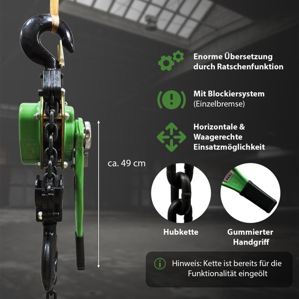Hebelzug mit Hubkette und gummiertem Handgriff zur Lastenbewegung mit einer Höhe von circa 49 Zentimetern.