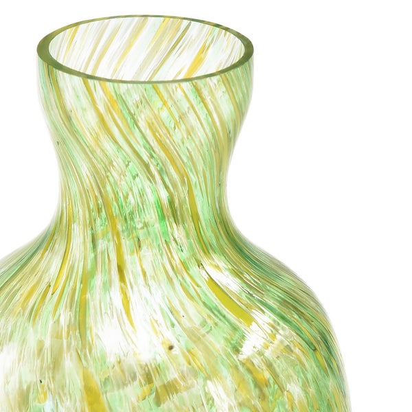 Vase aus Glas mit grünem und gelbem Spiralmuster, Detailansicht von Hals und Rand.