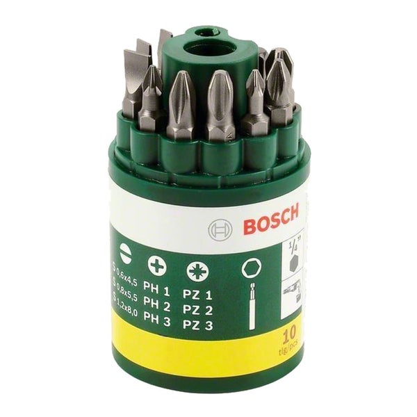 Bosch Logo Bit-Set mit verschiedenen Schraubendreher-Bits in grüner Aufbewahrungsbox
