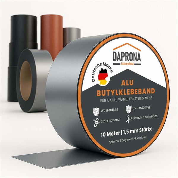 Daprona Alu Butylklebeband, 10 Meter, 1,5 Millimeter Stärke, wasserdicht, UV-beständig, stark haftend, für Dach, Wand und Fenster.