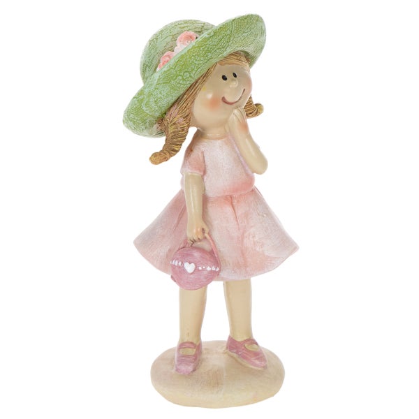Dekofigur Mädchen mit grünem Hut, rosa Kleid und kleiner rosa Tasche