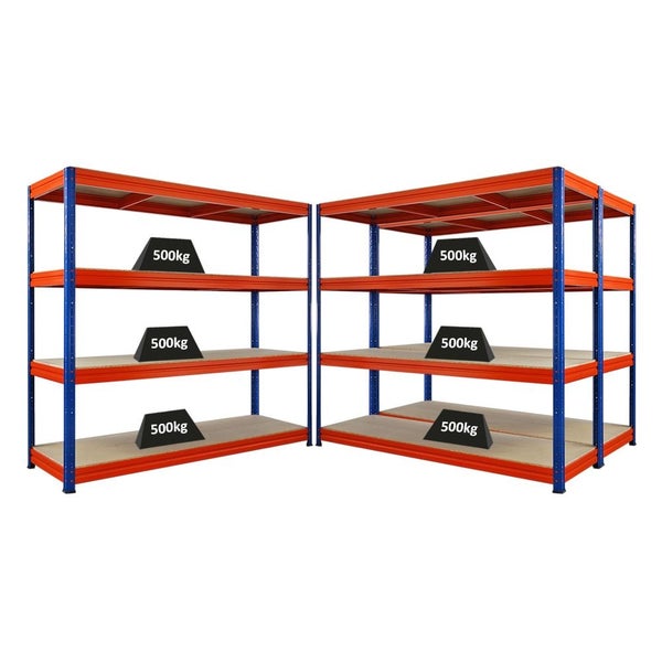 Zwei Lagerregale mit jeweils drei Ebenen und einer Traglast von 500 kg.