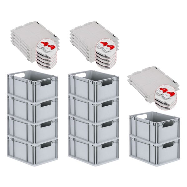 PROREGAL Spar Set 10x Eurobox Nextgen Economy Mit Scharnierdeckel & Roten Schiebeschnappverschlüssen Griffe Offen HxBxT 22 x 30 x 40 cm 20 Liter