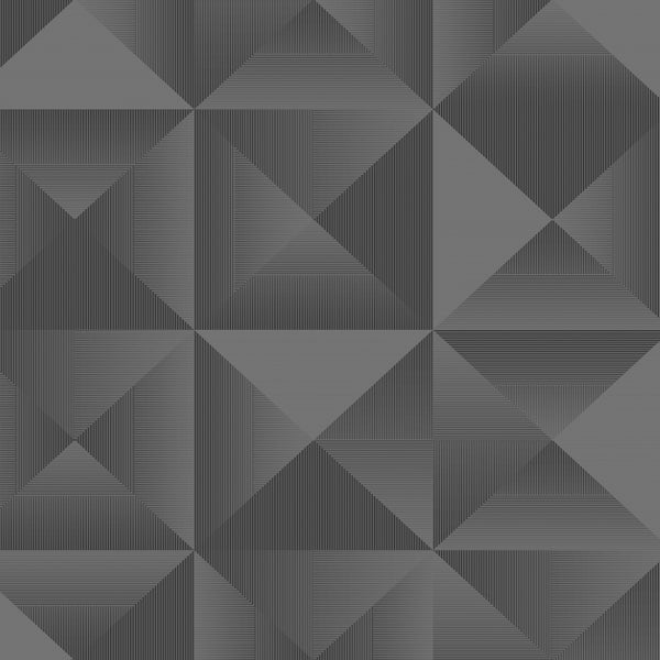 Tapete mit geometrischem Muster aus Dreiecken, Quadraten und feinen parallelen Linien.