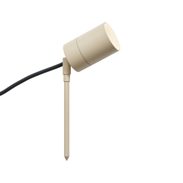 Beiger Außenstrahler mit Erdspieß, verstellbarem Leuchtenkopf und schwarzem Kabel.