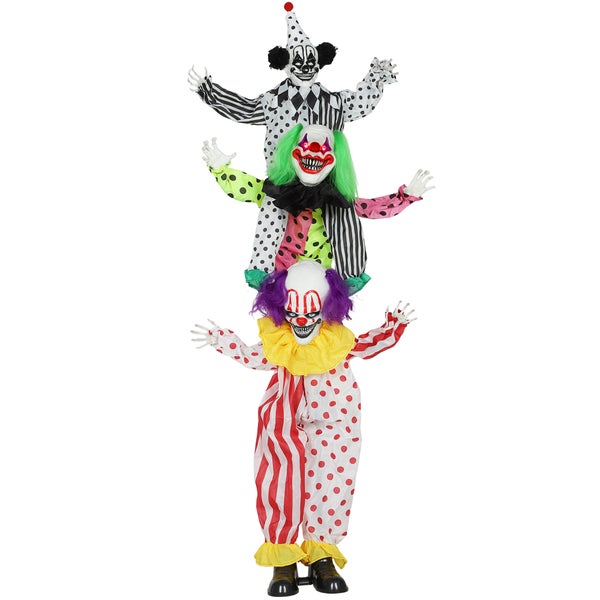 Animierte Halloween Gruselclown Dekofigur mit drei Clowns auf einem Turm, leuchtende Augen, ideal für Halloween Dekoration.