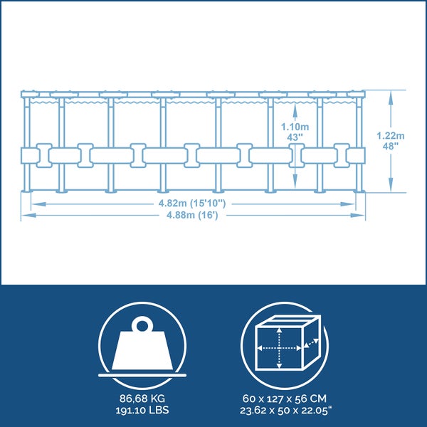 Technische Zeichnung eines Pools: Länge 4,88 Meter, Tiefe 1,10 Meter, Höhe 1,22 Meter, Gewicht 86,68 Kilogramm, Paket 60 mal 127 mal 56 Zentimeter.
