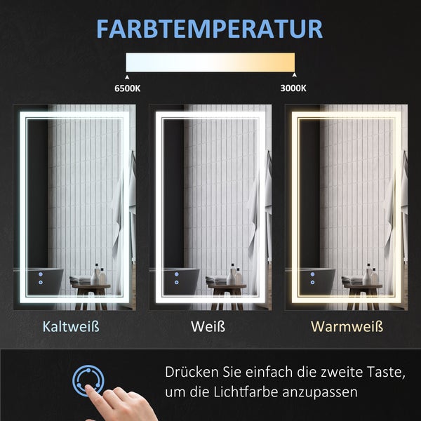 kleankin Badspiegel, Badezimmerspiegel mit LED-Beleuchtung, Wandspiegel mit Touchschalter, 3 Lichtfarben, Lichtspiegel IP44 Wasserdicht, 100 x 60 cm