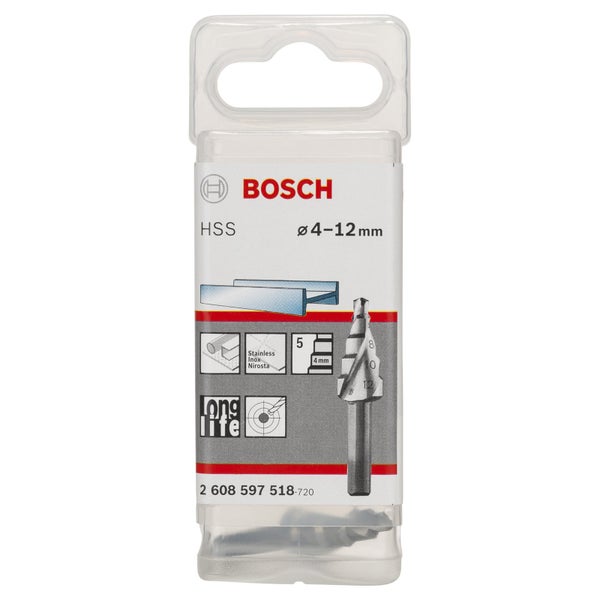 Bosch Stufenbohrer, Durchmesser 4 bis 12 Millimeter, HSS, geeignet für Edelstahl