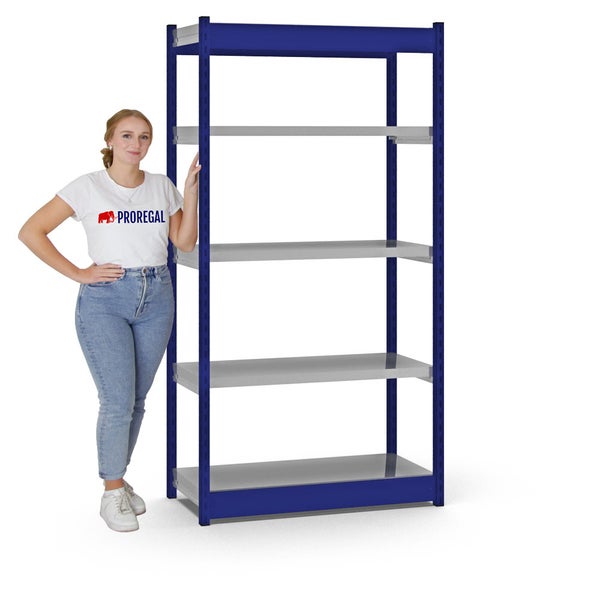 PROREGAL Fachbodenregal Stecksystem Vierkant-Profil Grundregal HxBxT 200 x 102,5 x 40 cm 5 Ebenen Einseitige Bauart Fachlast 200 kg Enzianblau