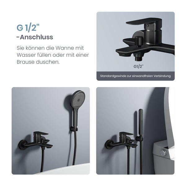 EMKE Duscharmatur Schwarz Matt, Einhebelmischer für Dusche, Moderne Mischbatterie Bad, Einhand-Brausearmatur mit G1/2 Anschluss, Stilvolle Badarmatur für Badezimmer,212mm x 183mm