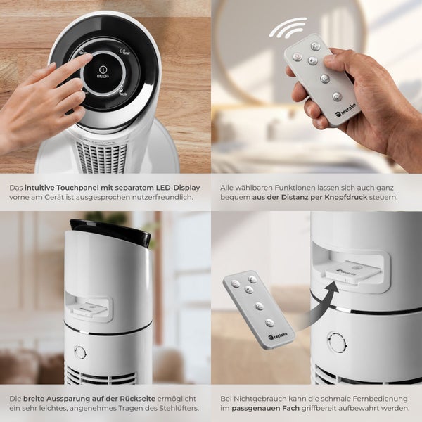 Weißer Turmventilator mit Touch-Bedienfeld oben, Fernbedienung, integriertem Tragegriff auf der Rückseite und einem Fach zur Fernbedienungsaufbewahrung.