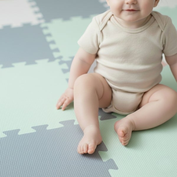 Ein Baby sitzt auf einer weichen Puzzlematte aus Schaumstoff mit ineinandergreifenden Teilen im Kinderzimmer.