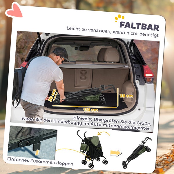 PawHut Hundewagen Hundebuggy klappbar für Hunde & Katzen bis 4 kg Katzenbuggy mit Netzfenstern, Schultergurt, Aufbewahrungstasche, Becherhalter Regenschirm Katzenwagen Dunkelgrün