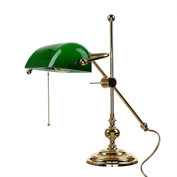 Grüne Schreibtischlampe mit goldfarbenem Gestell und Zugschalter