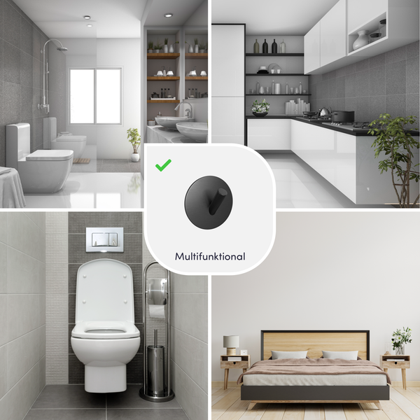 Schwarzer Multifunktionshaken in hellen, modernen Wohnräumen wie Badezimmer, Küche und Schlafzimmer für die Wandmontage.