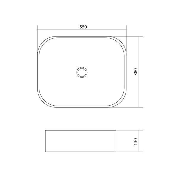 Technische Zeichnung eines Aufsatzwaschbeckens mit den Maßen 550 x 380 x 130 Millimeter.
