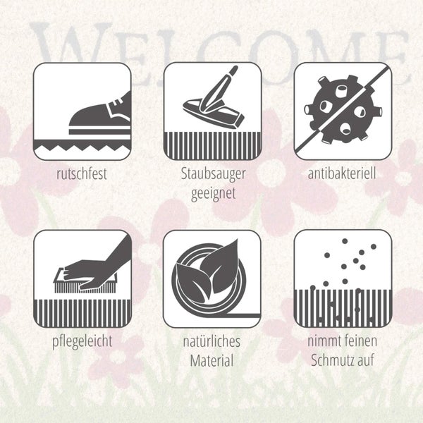 Symbole für rutschfest, staubsaugergeeignet, antibakteriell, pflegeleicht, natürliches Material und nimmt feinen Schmutz auf